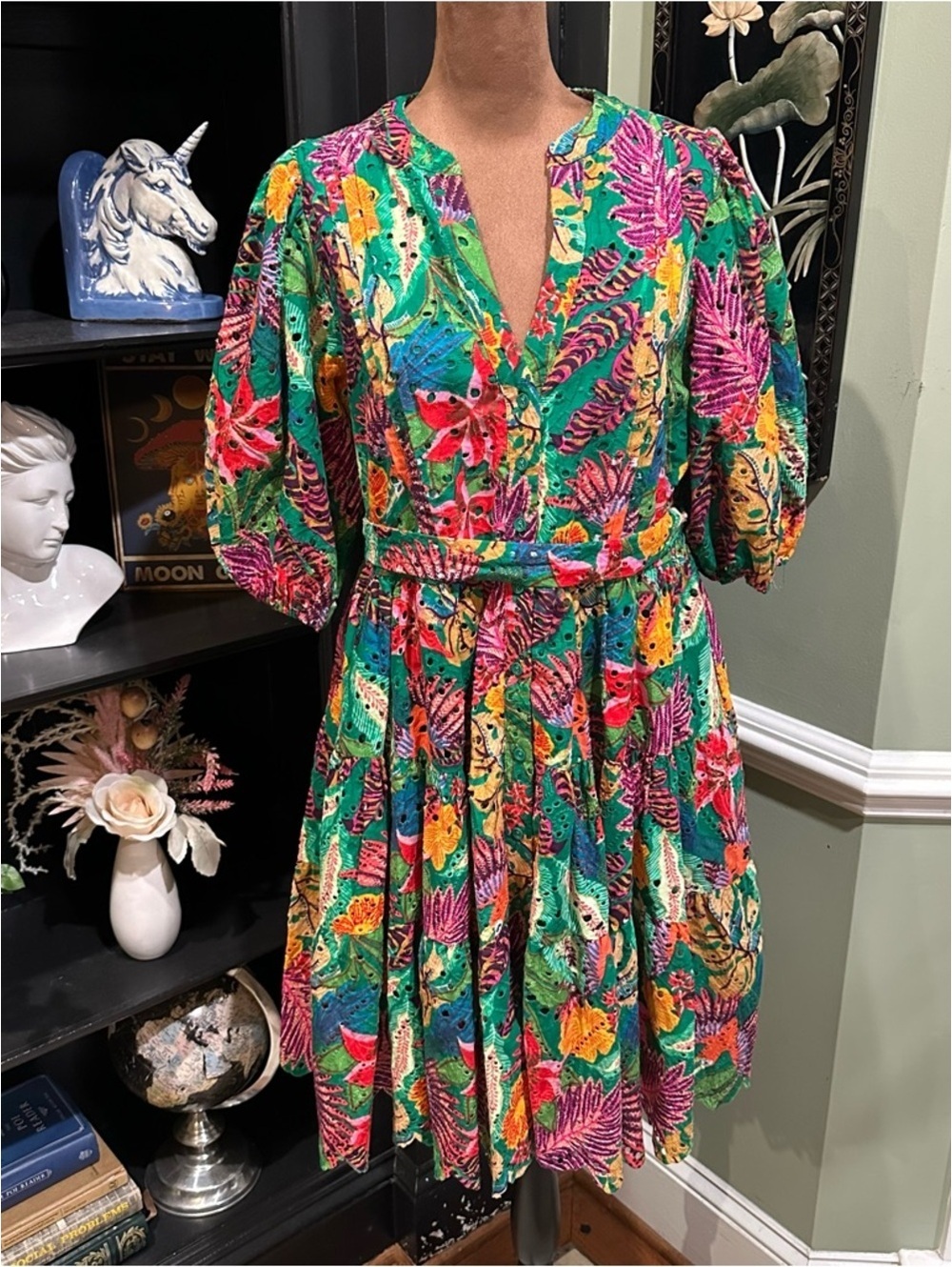 Gibson & Latimer Tropical Print Eyelet Split‑Neck Puff‑Sleeve Dress – Size Small